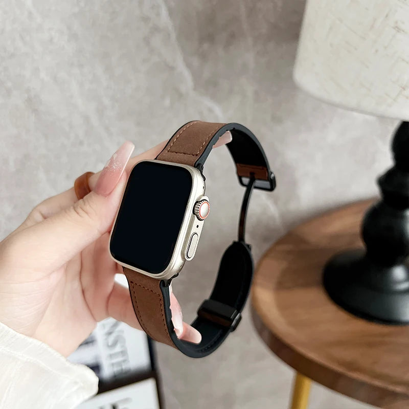 Elegantes Apple Watch Armband aus Leder von Myncase in Dunkelbraun