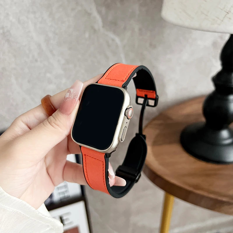 Elegantes Apple Watch Armband aus Leder von Myncase in Orange