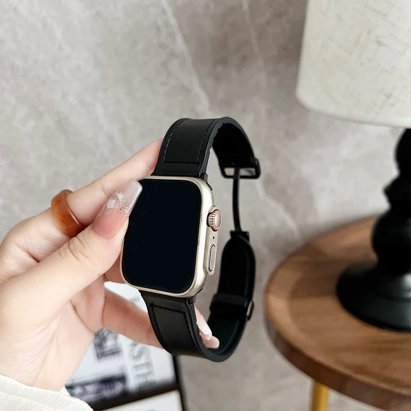 Elegantes Apple Watch Armband aus Leder von Myncase in Schwarz