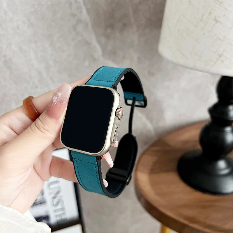 Elegantes Apple Watch Armband aus Leder von Myncase in Türkis