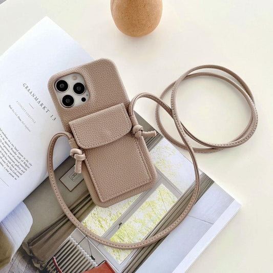 Crossbody iPhone Hülle aus Leder mit Band und Kartenfach in Beige von Myncase
